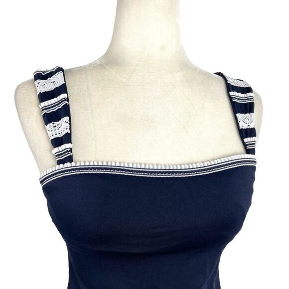 Becca Women's Size Small Floral Embroidered Crochet Strap Navy Tankini Swim Top - Picture 8 of 13